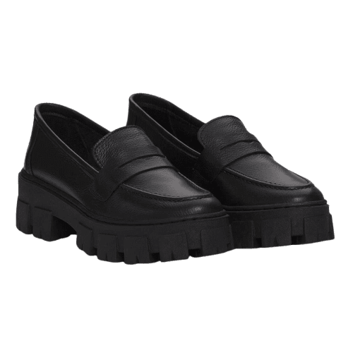 Mocassim Feminino Tratorado Couro Bico Redondo Moderno Preto