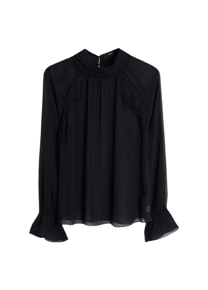 Microchiffon Fringe High Neck Preto
