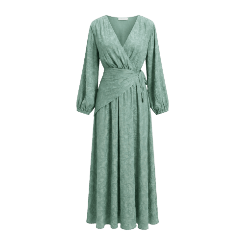 Vestido Longo Transpassado com Mangas Amplas e Cintura Marcada