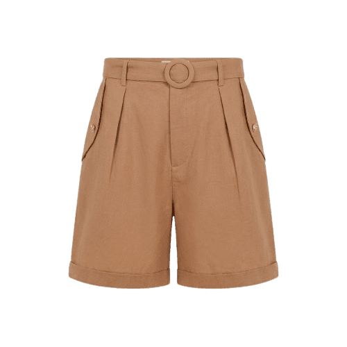 Short de Alfaiataria Feminino com Linho e Cinto Marrom
