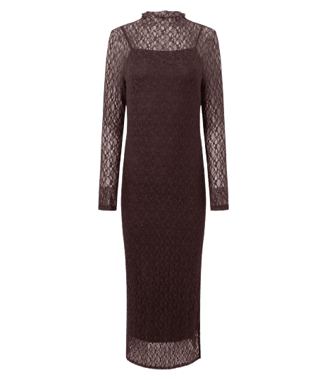 Vestido em Renda com Gola Alta e Fenda